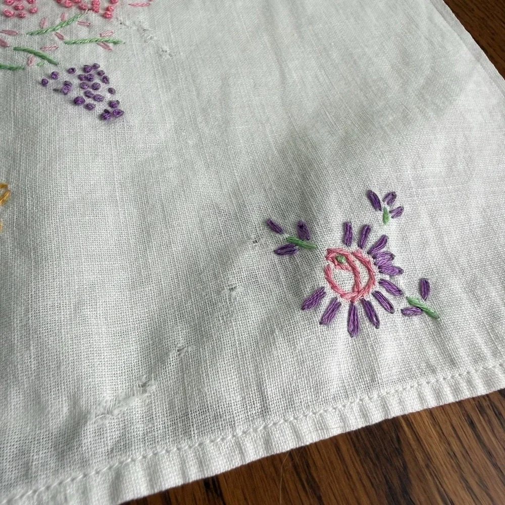 Vtg Embroidered Crochet Dresser Scarf Table Runner Flower Basket Thin Fabric EUC